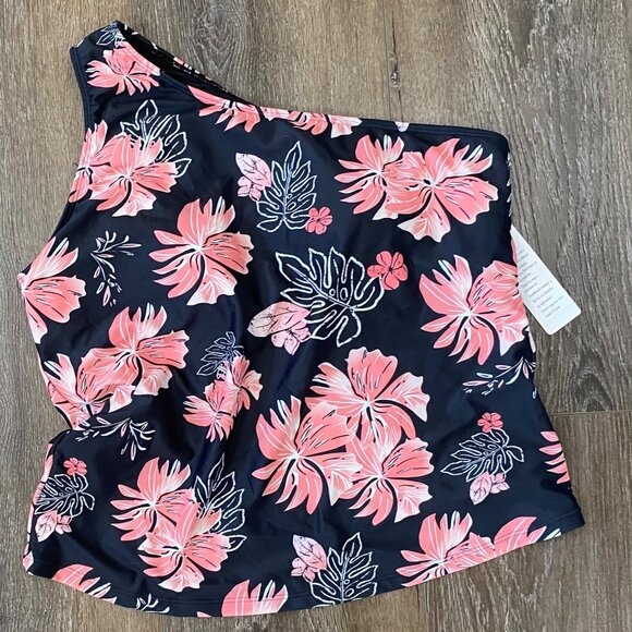 Floral One-Shoulder Tank Top By Kate Kasin Navy With Pink Tropical Print NWT 2X - Picture 1 of 5